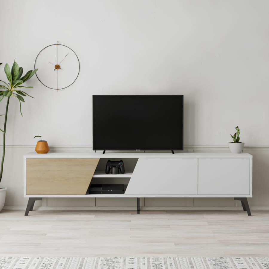 Mesa de TV Yin para TV de 75" – Centro de Entretenimiento con 2 Puertas, Nichos y Patas de Acero Inoxidable