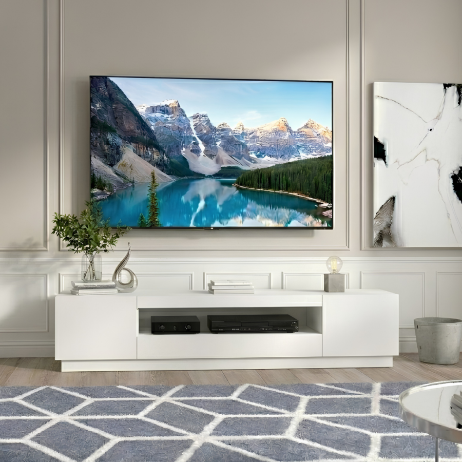 Mesa de TV Gema para TV de 75" – Centro de Entretenimiento con 2 Puertas, Cajón y Nicho Multimedia