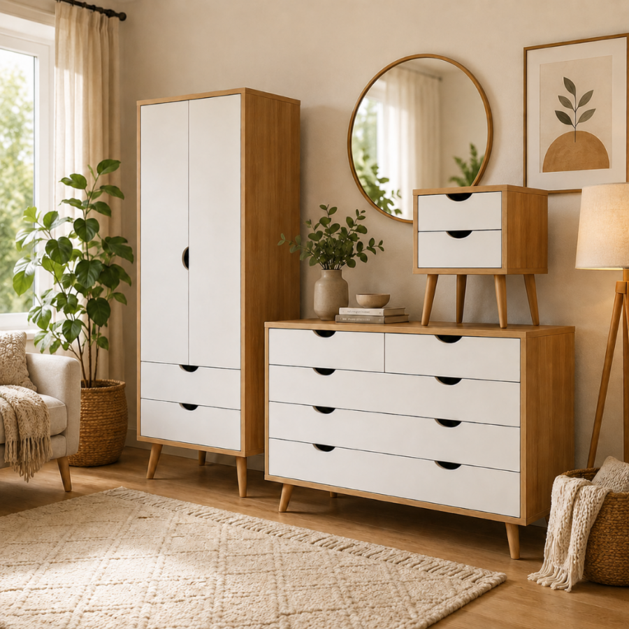 Combo de Dormitorio Luna – Ropero, Cómoda y Velador con Patas de Madera