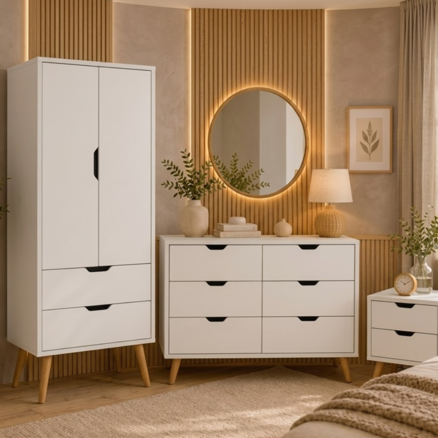 Combo de Dormitorio Essen con Patas – Ropero, Cómoda y Velador