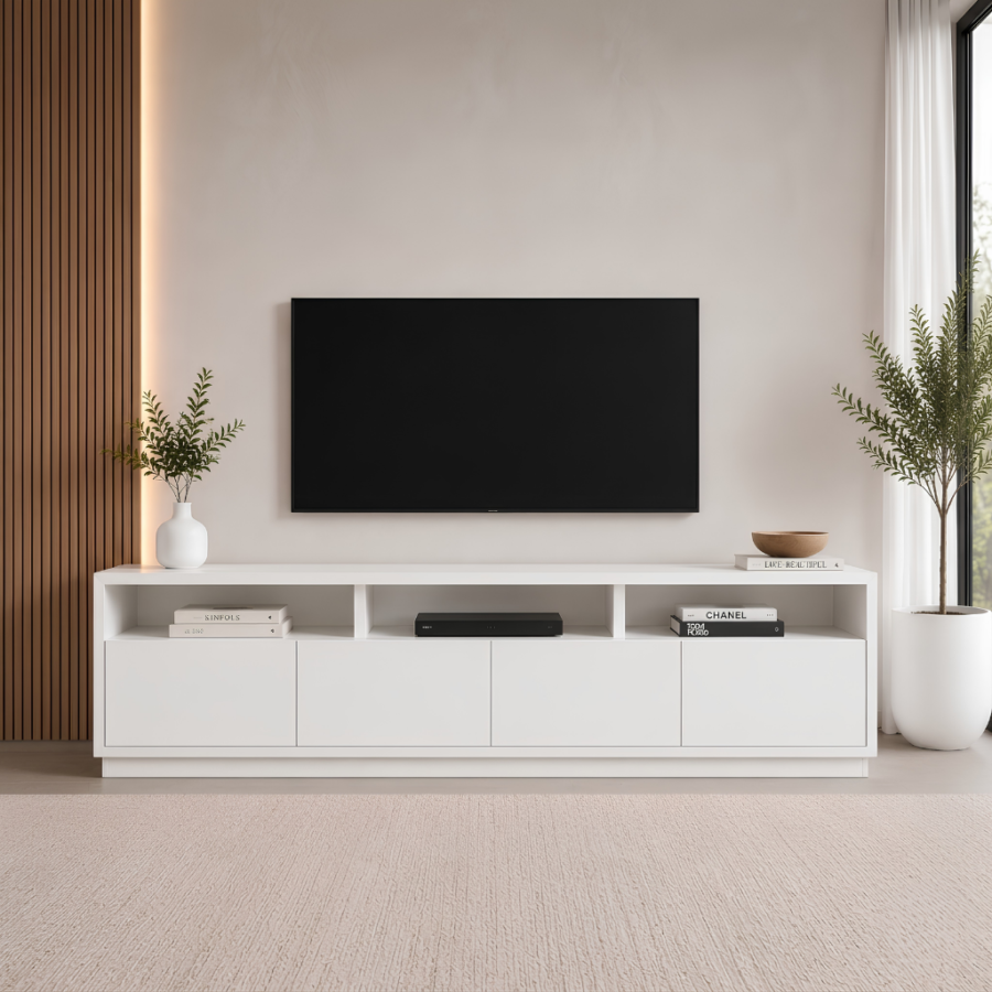 Mesa de TV Dakota para TV de 75" – Centro de Entretenimiento con 4 Puertas y 3 Nichos Abiertos