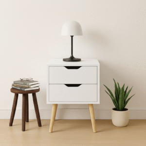 velador vintage de 2 cajones con patas de madera