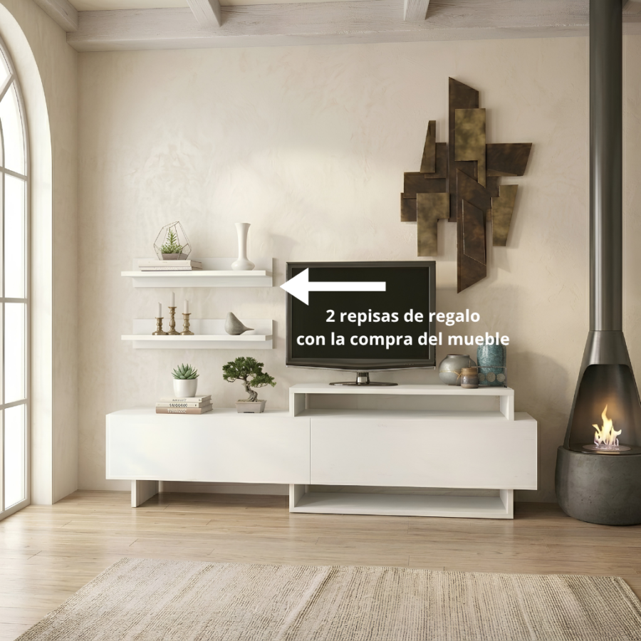 Mesa de TV Blim para TV de 50" a 55" – Centro de Entretenimiento con Nichos Abiertos y 2 Repisa de Regalo
