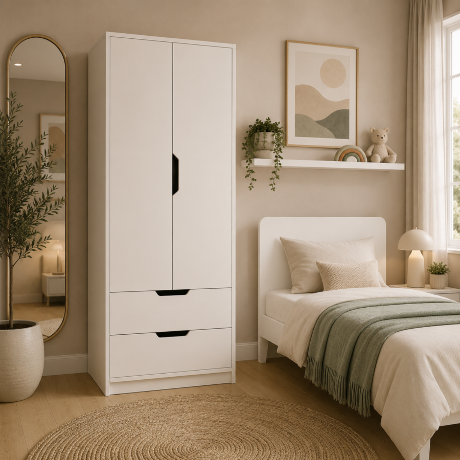 Ropero Essen de 2 Cajones – Clóset con 2 Puertas, Barra para Colgar y Repisa Superior