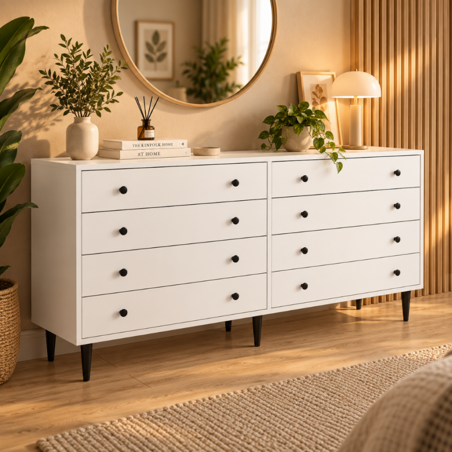 Cómoda Justina de 8 Cajones – Diseño Moderno con Patas de Madera