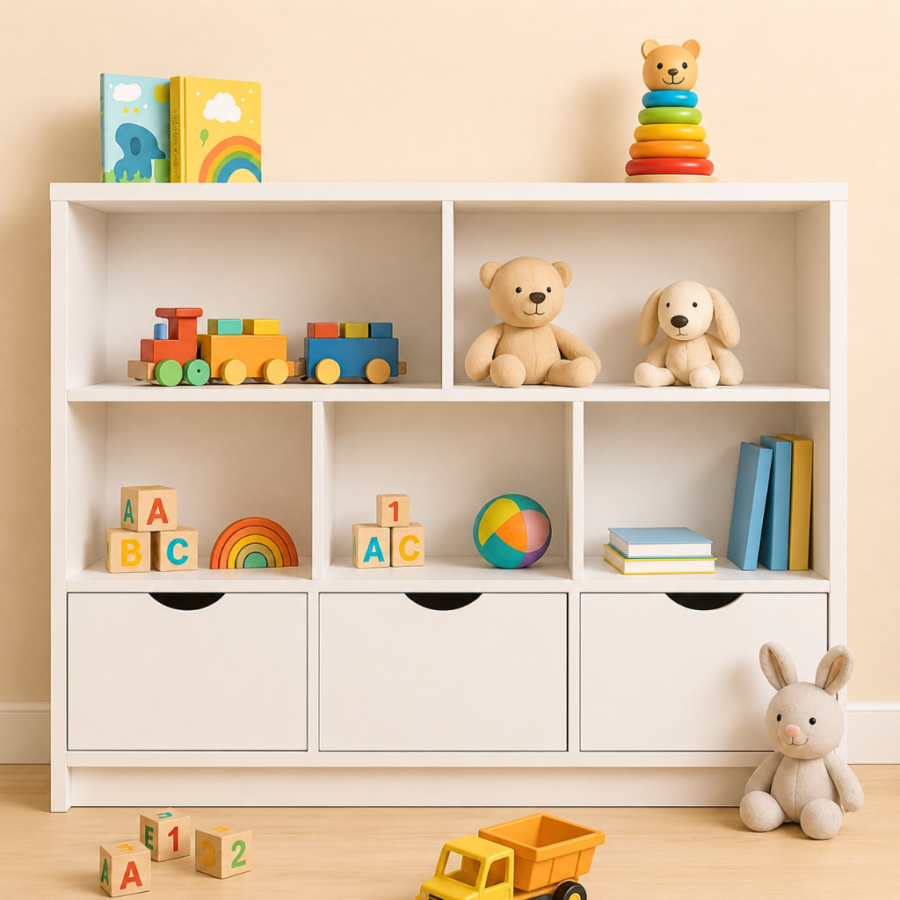 Juguetero para Bebé Nunu – Librero Infantil con Repisas y 3 cajones Inferiores