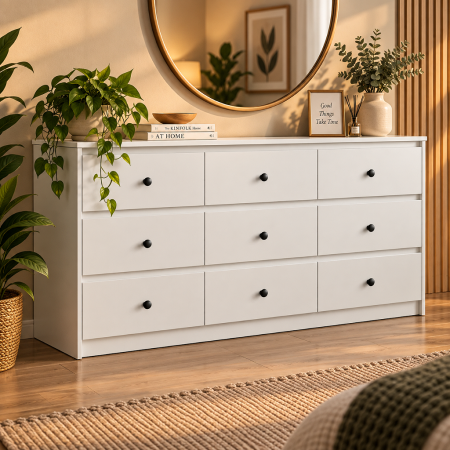 Cómoda Lumi de 9 Cajones – Gran Capacidad con Jaladores Tipo Pomo