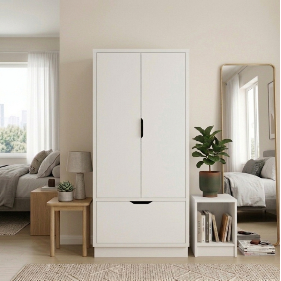 Ropero Essen de 1 Cajón – Clóset con 2 Puertas, Barra para Colgar y Repisa Superior