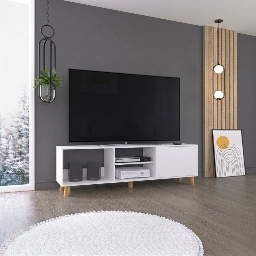 Mesa de TV Loren para TV de 65" – Centro de Entretenimiento con 1 Puerta, Nichos y Patas de Madera