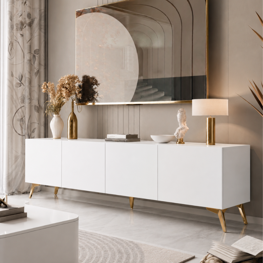 Mesa de TV Gala para TV de 65" – Centro de Entretenimiento con 4 Puertas y Patas de Acero Inoxidable