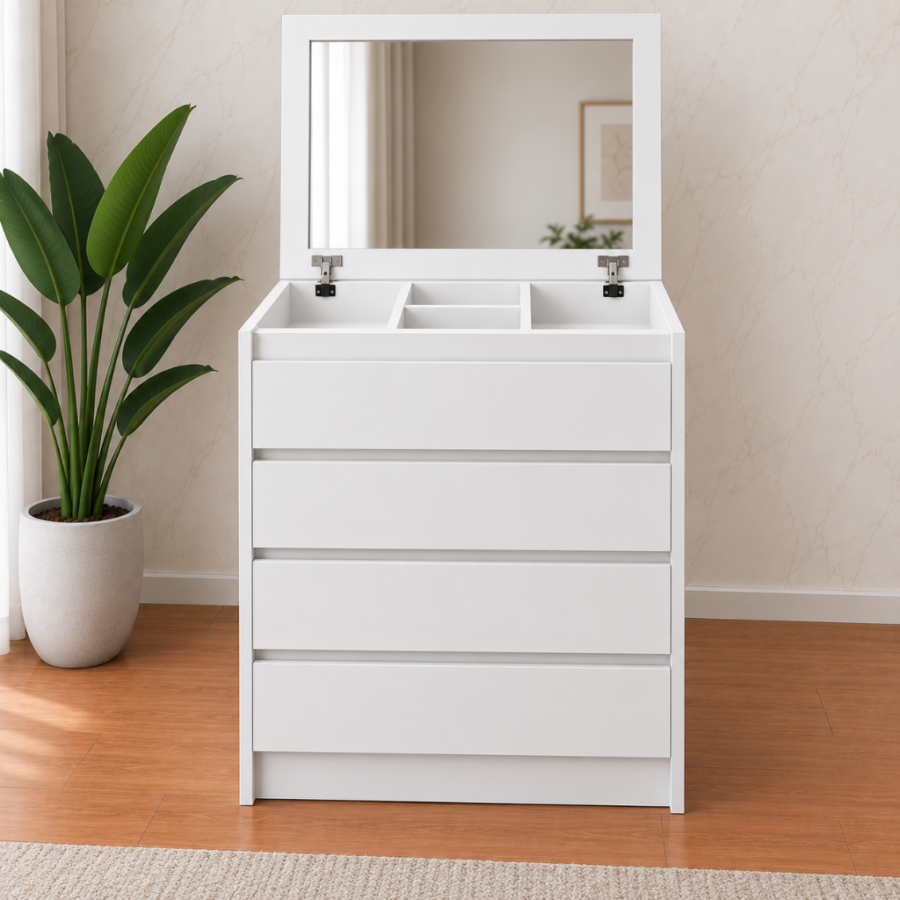 Cómoda Deluxe 4 Cajones con Espejo Abatible y Organizador