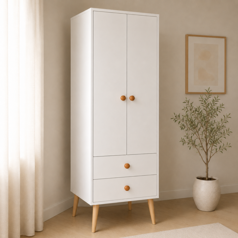 Ropero Natur – Clóset con 2 Puertas, 2 Cajones, Repisa Superior y Patas de Madera Tornillo