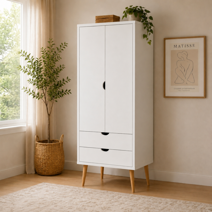 Ropero Luna – Clóset con 2 Puertas, 2 Cajones, Repisa Superior y Patas de Madera Tornillo