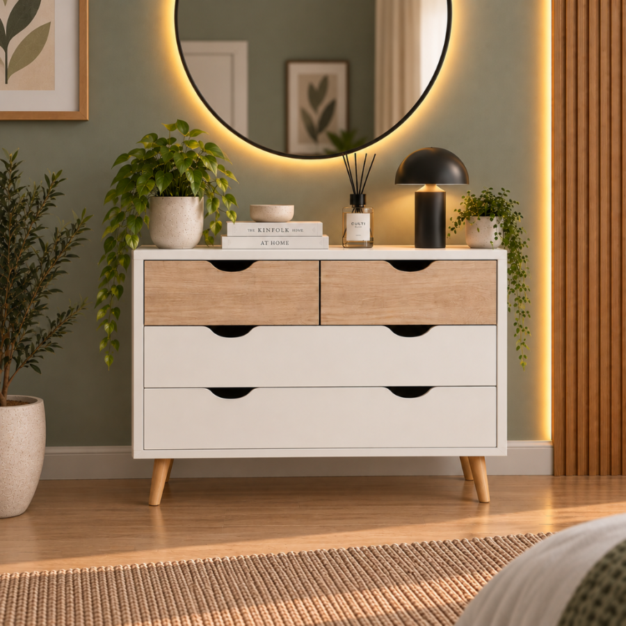 Cómoda Ébano de 4 Cajones – Cómoda Moderna con Jaladores Media Luna