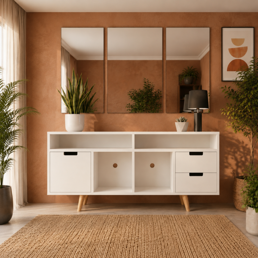 Mesa de TV Amelie para TV de 65" – Centro de Entretenimiento con 2 Cajones, 1 Puerta y Nichos