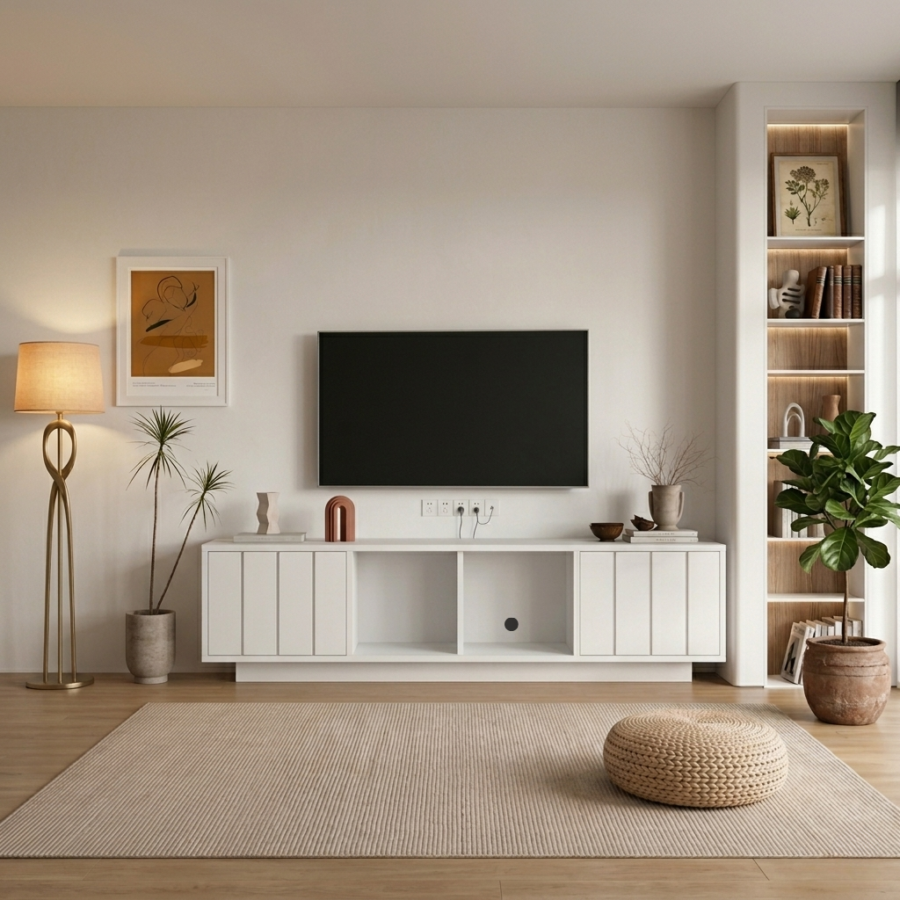 Mesa de TV Indigo para TV de 65" – Centro de Entretenimiento con 2 Puertas y 2 Nichos Abiertos