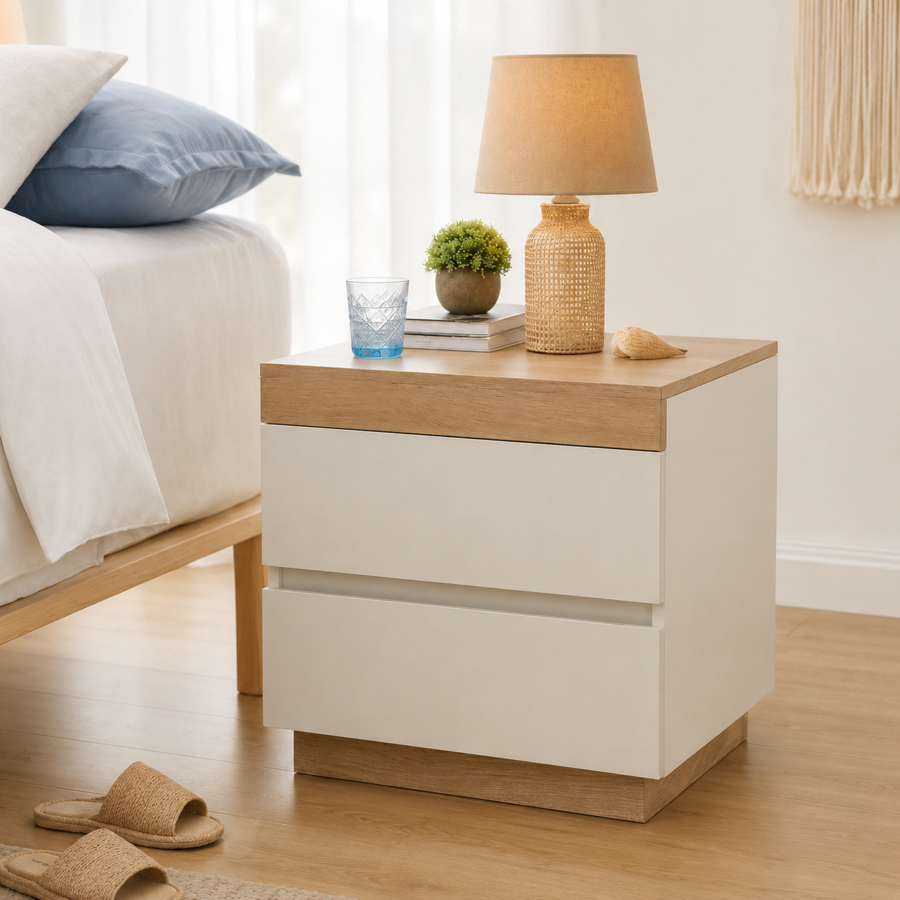Velador – Mesa de Noche Alba Blanco con Bavaria de 2 Cajones